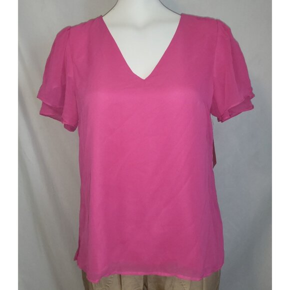 Vince Camuto Hot Pink Flutter Sleeve Blouse Size Small V-Neck Lined, NWT - Picture 1 of 5